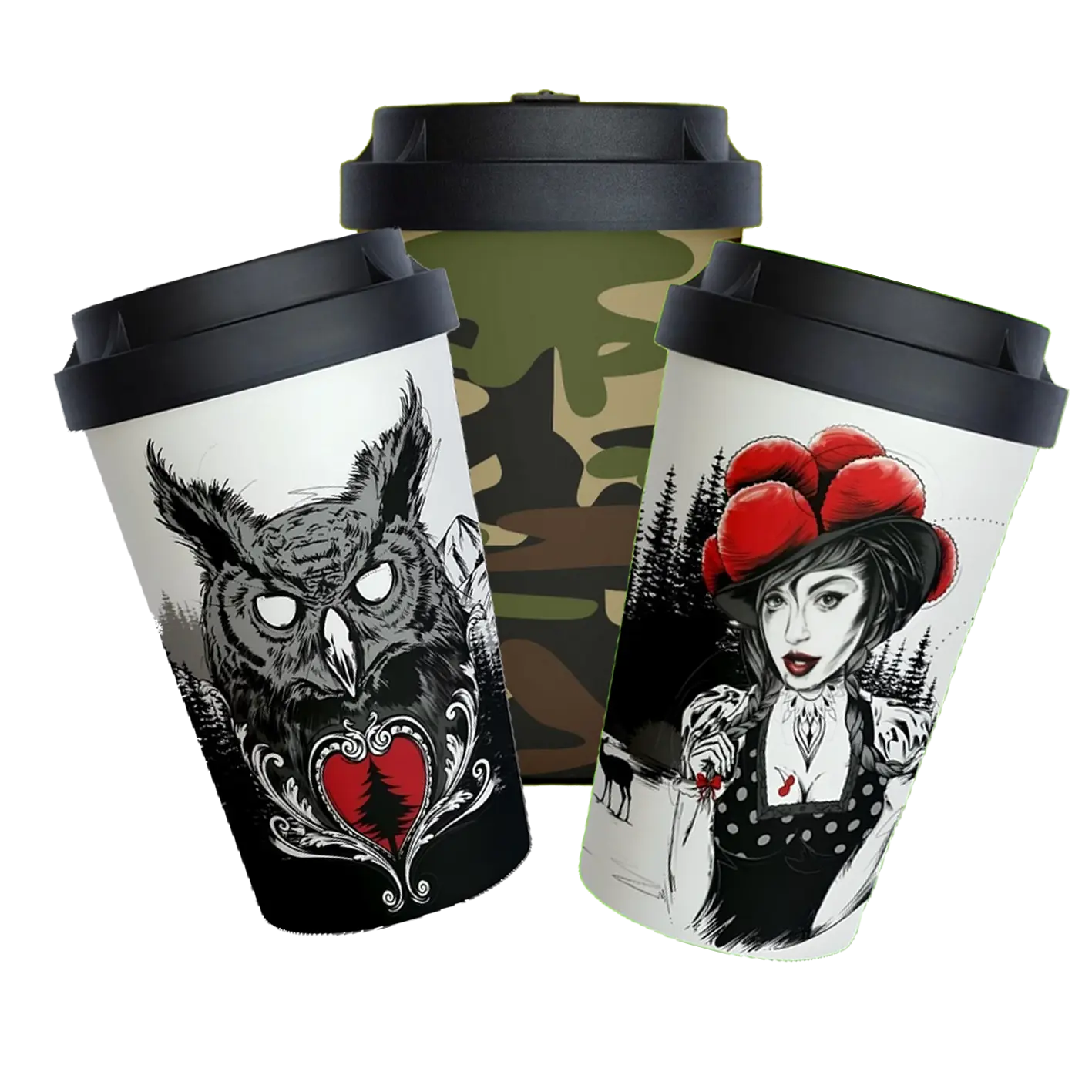 Drei nachhaltige Mehrwegbecher mit individuellem Design von Black Forest Fulfillment